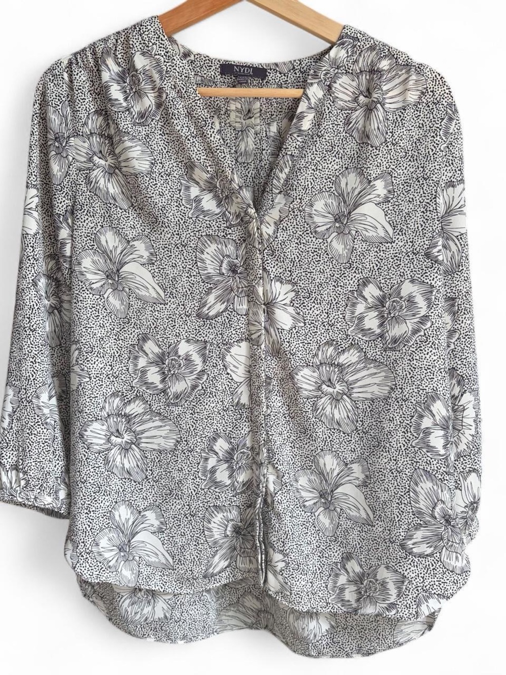 NYDJ Black & White Floral Split-Neck Blouse